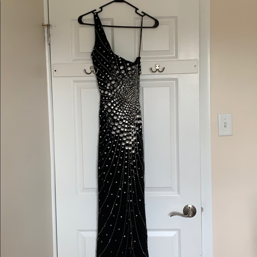 One shoulder black rhinestone prom dress